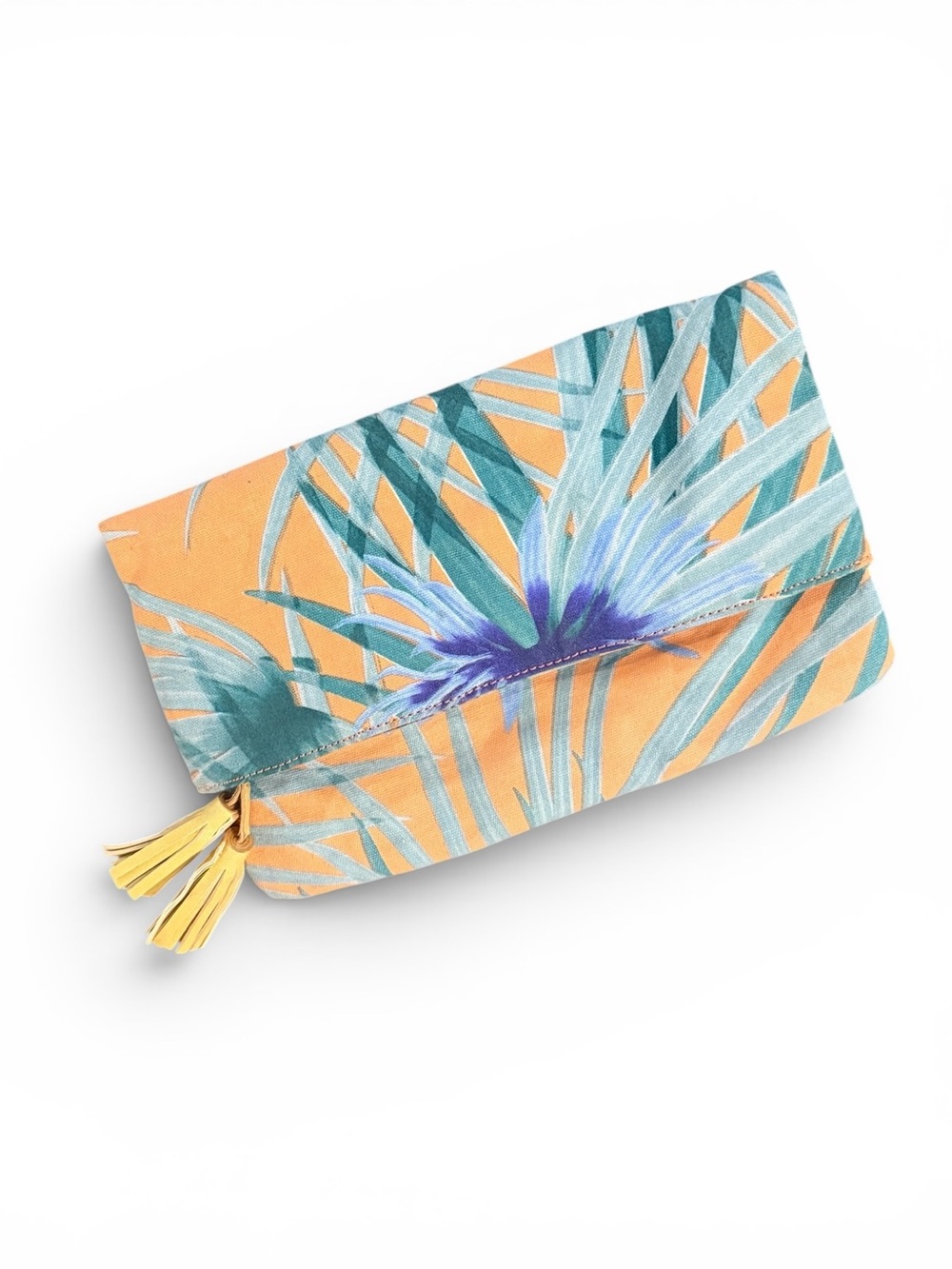 Kimchi Blue Tropical Foldover Clutch Peach Palm Print Tassel Bag